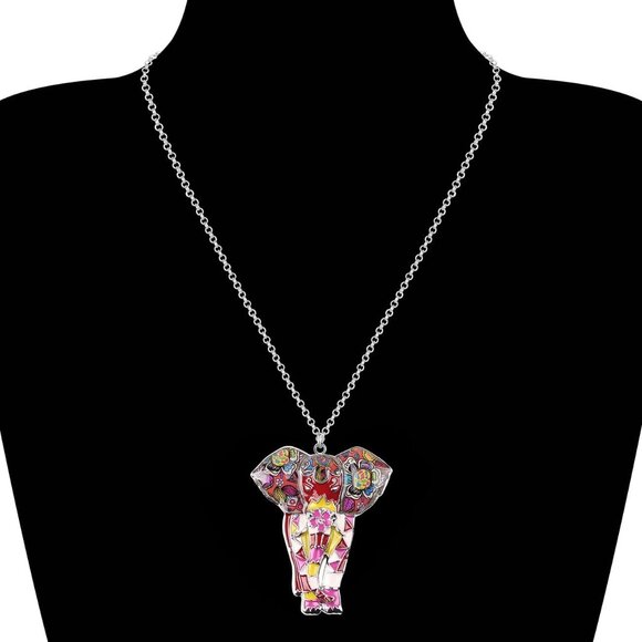 Women's Red Jungle Safari Wild Enamel Pendant Lightweight Elephant Necklace - Picture 2 of 6